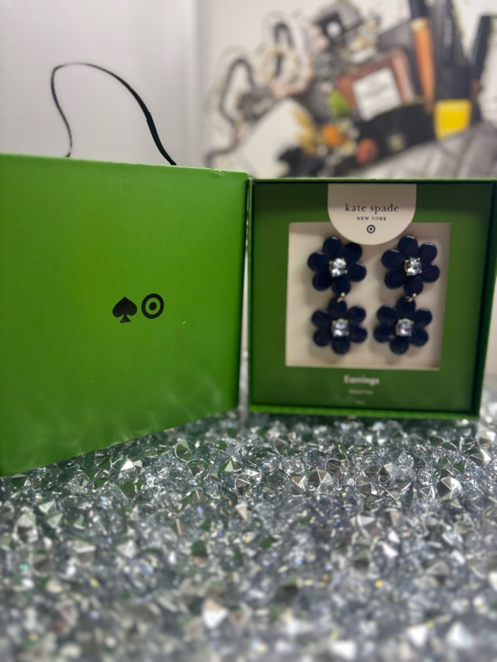 kate spade navy double flower dangle earrings for kids - Picture 6 of 8